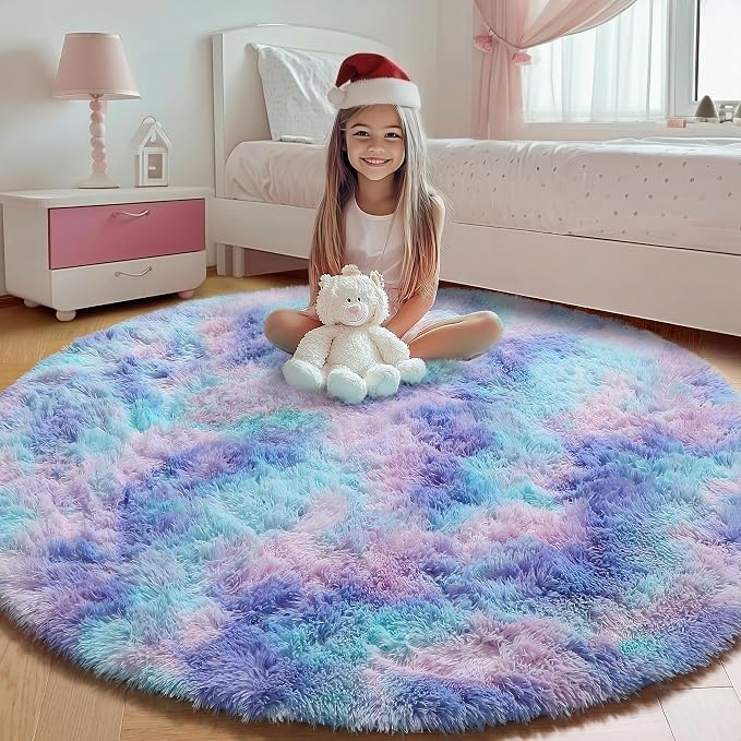 ONASAR Rainbow Round Area Rug 4ft, Soft Bedroom Circle Throw Rugs by ONASAR