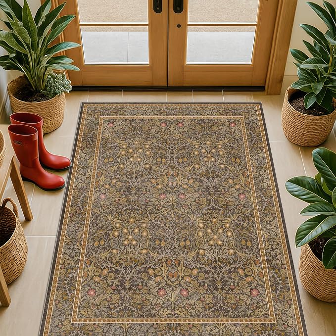 Vintage Brown 3x6 Area Rugs for Large Entryway, Bedroom Beside Rug, Laundry Room by HazoHaus