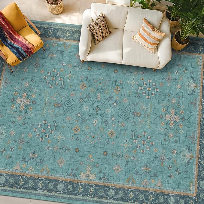 Boho 9x12 Large Teal Green Washable Living Room Rug by HazoHaus