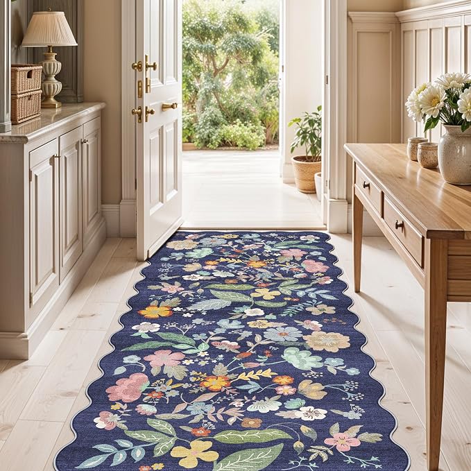 2x5 Washable Hallway Runner Rug: Stain Resistant Floral Scalloped Kitchen Rug - Image 4