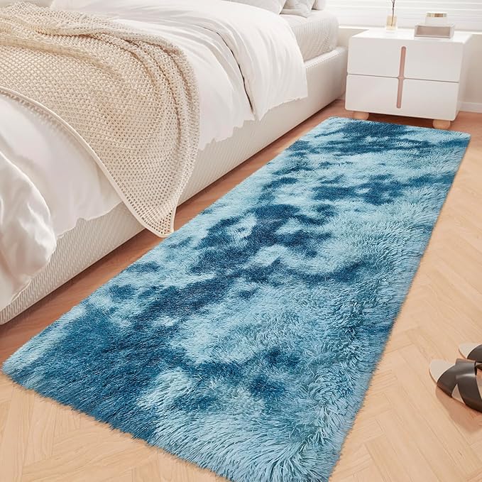 Super Soft Fluffy Living Room Area Rug 2x6 ft Tie-Dyed Light Blue Shaggy Furry by JiaoBaba