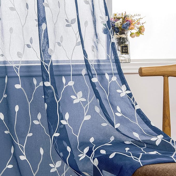 AmHoo 2 Panels Embroidered Leaf Pattern Semi Sheer Curtains Foliage Floral by AmHootextile