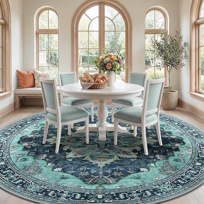 RELEANY Area Rugs 8ft Washable Non-Slip, Floral Vintage Distress Print Pattern by RELEANY
