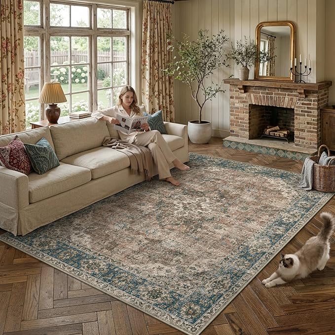 9x12 Blue Brown Retro Floral Washable Area Rug - Image 2
