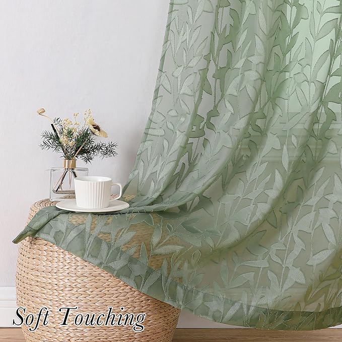 Lecloud Leia Sage Green Sheer Curtains 63 Inch Length 2 Panels, Rustic Light - Image 5