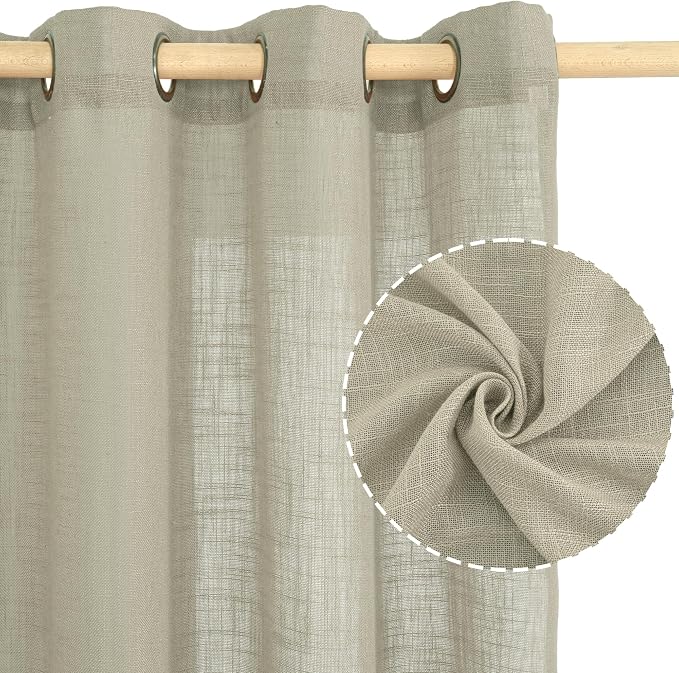 Oatmeal Linen Semi Sheer Curtains 63 Inch Length, Light Filtering Neutral Boho - Image 2