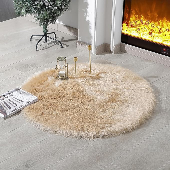 linmopm Faux Fur Rug Sheepskin Shag Fluffy Fuzzy Beige 3x3 ft Rugs by Limopmfauxfurproducts