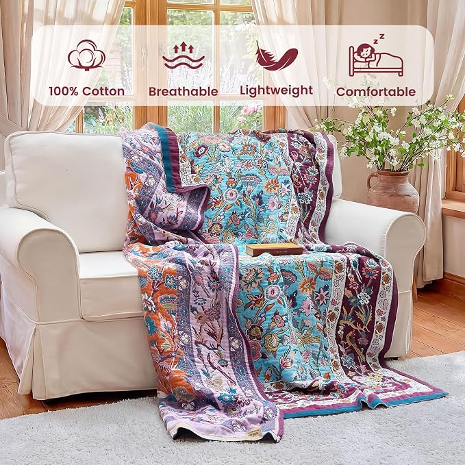 MSGKV Boho Throw Blanket for Bed 60"x80" 100% Cotton Couch Twin Size Floral - Image 2