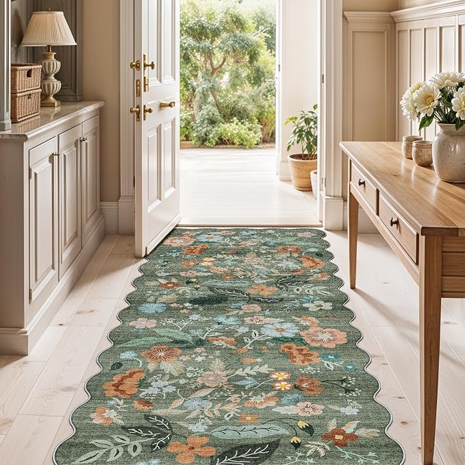 2x5 Washable Kitchen Area Rug: Floral Scalloped Entryway Runner Farmhouse - Image 5