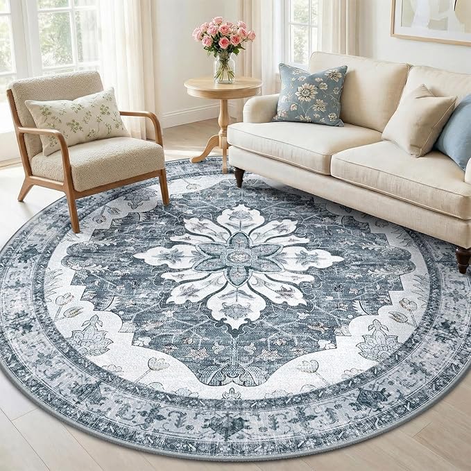 Area Rugs 6ft Washable Non-Slip, Floral Vintage Distress Print Pattern by RELEANY