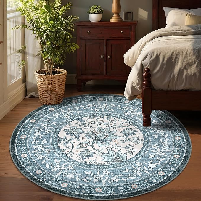 GarveeHome Misty Blue Botanical Grove 5ft Round Rug, Small Circle Vintage - Image 4