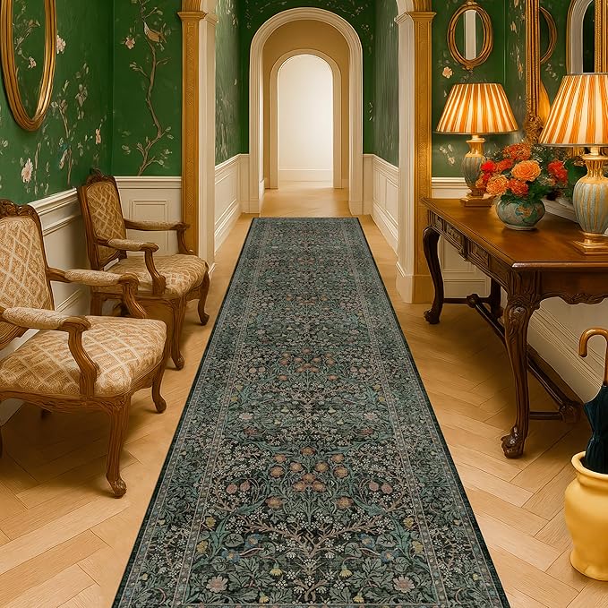 Dark Green Washable 3x16 Extra Long Runner Rug by HazoHaus