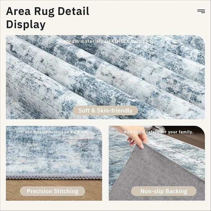 12x15 Washable Area Rug Blue/Grey Neutral Abstract Living Room Large Carpet Non - Image 6