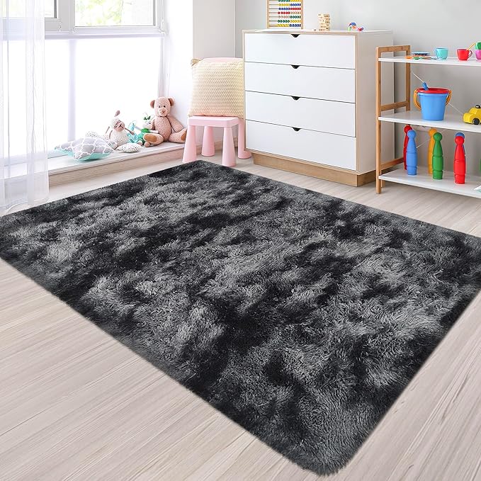 Small Tie-Dyed Area Rug for Bedroom 3x5 Mini Black Grey Fluffy Rug Mat Bedside by JiaoBaba