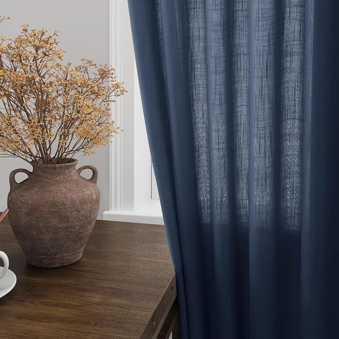 Denim Blue Linen Curtains for Living Room 63 Inches Long 2 Panel Set Light - Image 4