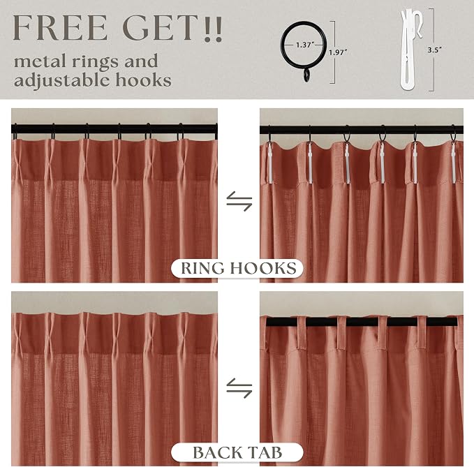 Terracotta 90 Inch Linen Curtains Pinch Pleated 2 Panels Set Firebrick | - Image 5