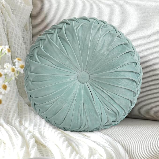 HIG Set of 2 Aqua Ruched Velvet Round Throw Pillows – 14.5’’ Decorative Pillows - Image 2
