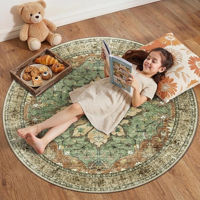 Area Rugs 4ft Washable Non-Slip, Floral Vintage Distress Print Pattern by RELEANY