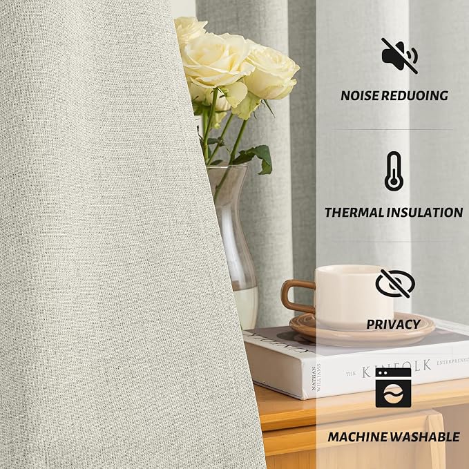 Yakamok Cream Linen Curtains 100% Blackout 72 Inches Long, Room Darkening - Image 5