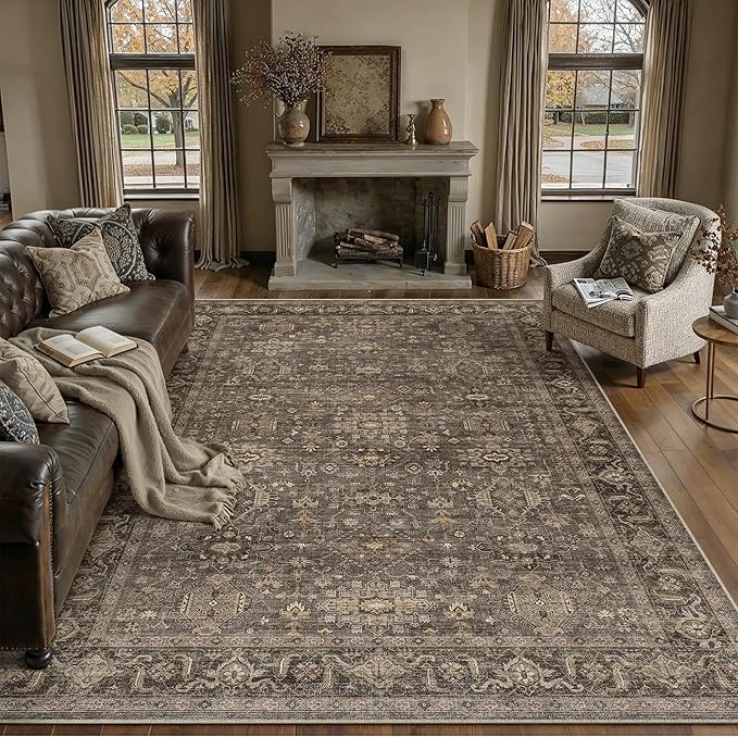 9x12 Washable Area Rug for Living Room Bedroom Vintage Brown Non Slip Carpet by WondRg