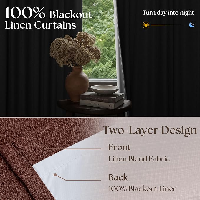 Brick Brown Pinch Pleated Blackout Linen Curtains 120 Inches Long | 100% Black - Image 2