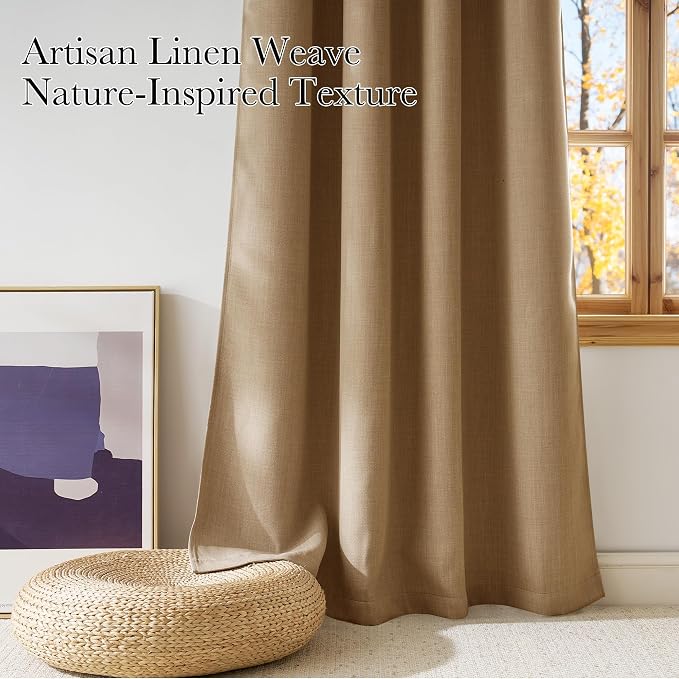 NICETOWN Caramel Faux Linen Room Darkening Rod Pocket Curtains 63 inch Length - Image 3