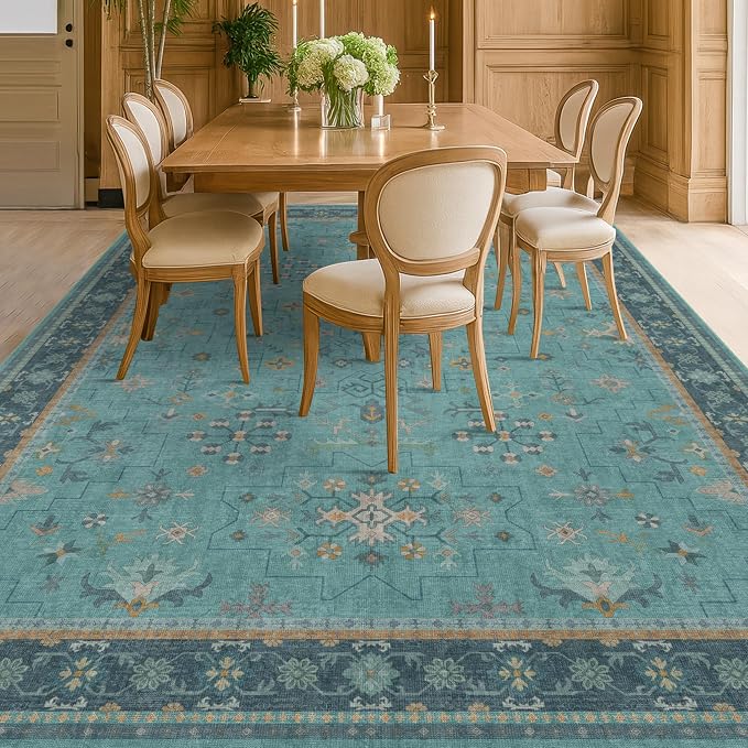 Boho Teal 7x9 Soft Rugs for Living Room, Washable Turquoise Rug for Bedroom - Image 3