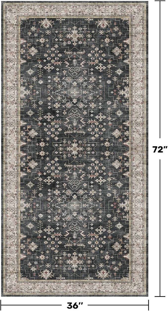 Black Boho Washable 3x6 Large Kitchen Runner Rug, Indoor Entryway Home Office - Image 2