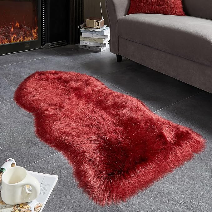 AMTOVO Faux Fur Rug, Burgundy Area Rug, Fluffy Sheepskin Rug, Fuzzy Ultra Soft - Image 2
