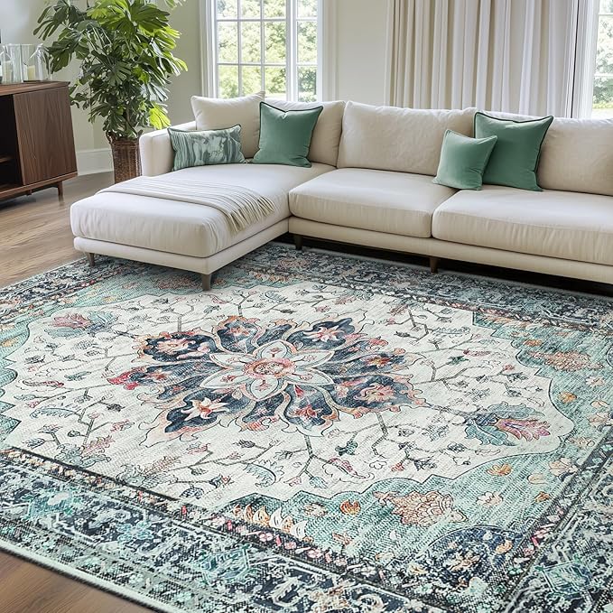 RELEANY Area Rugs 7'x9' Washable Non-Slip, Floral Vintage Distress Print by RELEANY