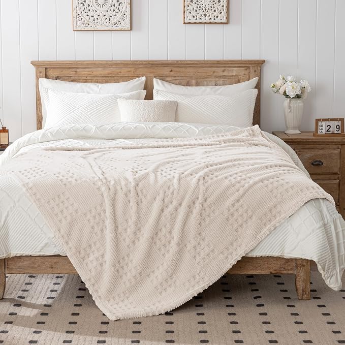 50x70 Inch Waffle Beige Throw Blanket -Fluffy Fleece, Neutral Tan Color - Image 5