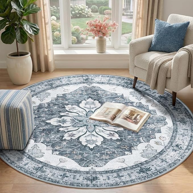 Area Rugs 4ft Washable Non-Slip, Floral Vintage Distress Print Pattern - Image 2