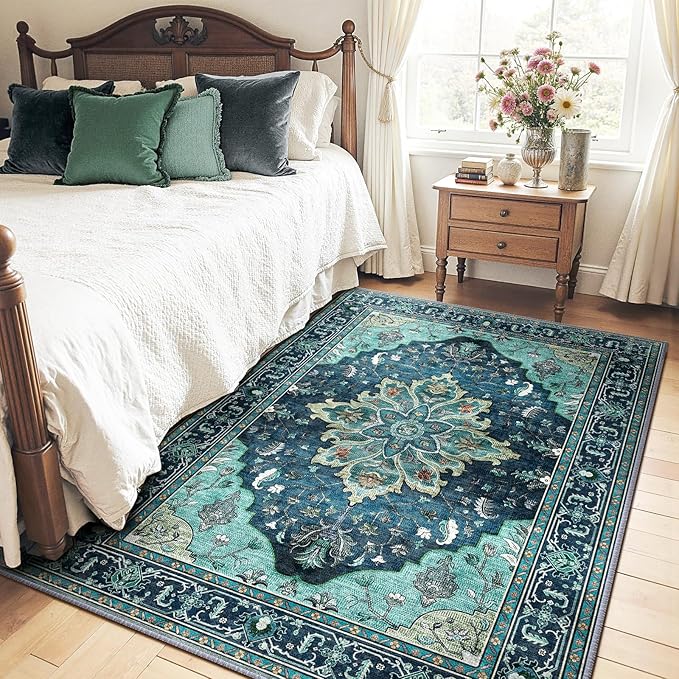 Area Rugs 5'x7' Washable Non-Slip, Floral Vintage Distress Print Pattern - Image 2