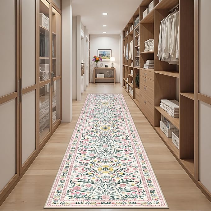 PLHXFR 3x10 Washable Runner Rug：Floral Indoor Kitchen Carpet Pink Green | - Image 5