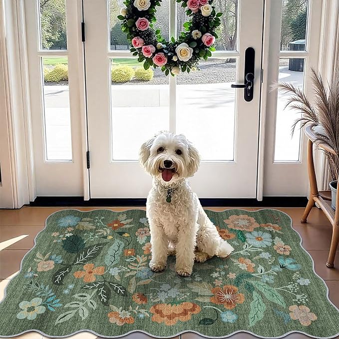 Washable Floral 2x3 Area Rug: Indoor Soft Scalloped Carpet by HYHAOYUNLAI