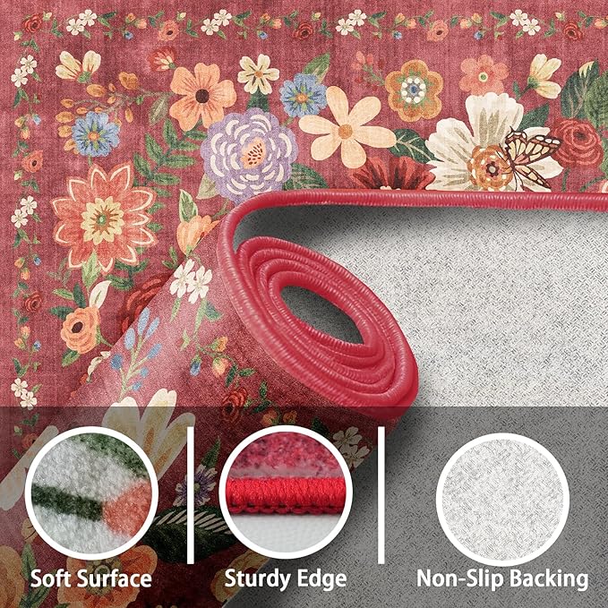 Area Rugs 10x14 Living Room, Non Slip Machine Washable Floral Rugs, Low Pile - Image 2