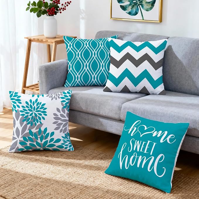 Hexagram Geometric Teal Pillow Covers 18x18 Set of 4, Decorative Outdoor Boho - Image 6