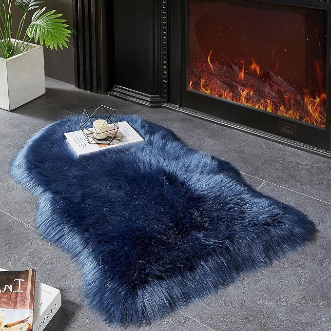 AMTOVO Faux Fur Rug, Dark Blue Small Area Rug, Fluffy Sheepskin Rug, Fuzzy - Image 2
