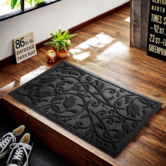 Boho Black Floral Leaves Outdoor Indoor Entrance Doormats, Absorbent Durable - Image 4