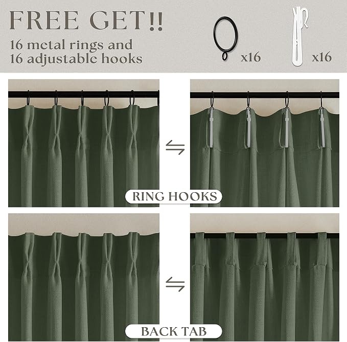 80 Inches Long Olive Green Pinch Pleat Thick Linen Curtains - Image 5