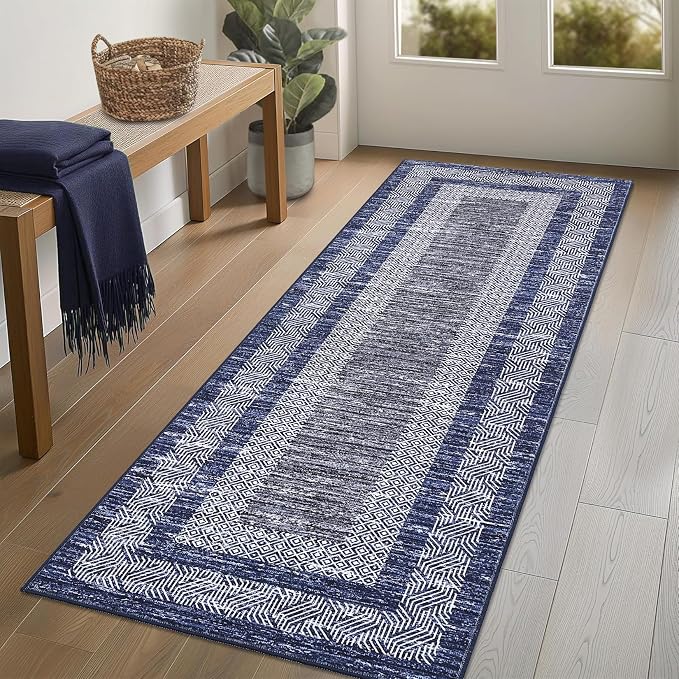 Washable 2.5x10 Kitchen Runner Navy Blue Rug, Easy Clean Geometri Rugs by GarveeHome