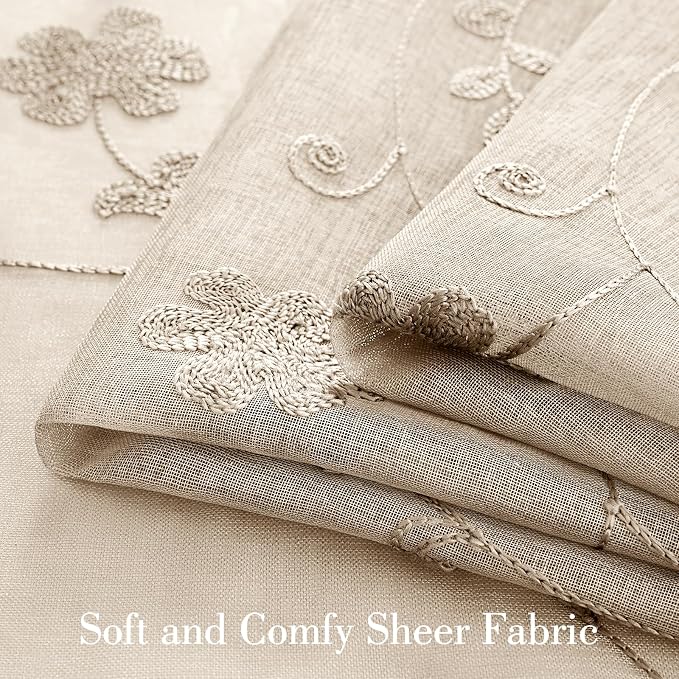 HOMEIDEAS Taupe Sheer Curtains 63 Inches Length 2 Panels Beige Embroidered - Image 3