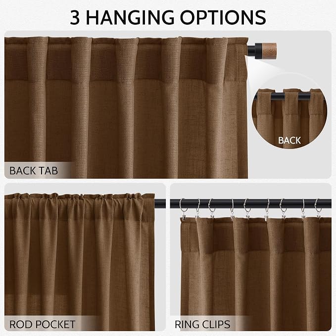 Tobacco Brown Linen Curtains 102 Inches Rod Pocket Back Tab Drapes 2 Panels Set - Image 2
