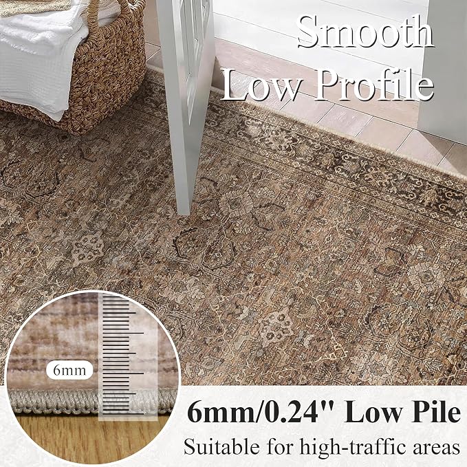 Schweek 10x14 Washable Area Rug Brown Neutral Vintage Distressed Large Rugs | - Image 4