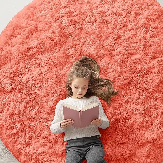 OLANLY Coral Red Round Rugs for Bedroom by OLANLY
