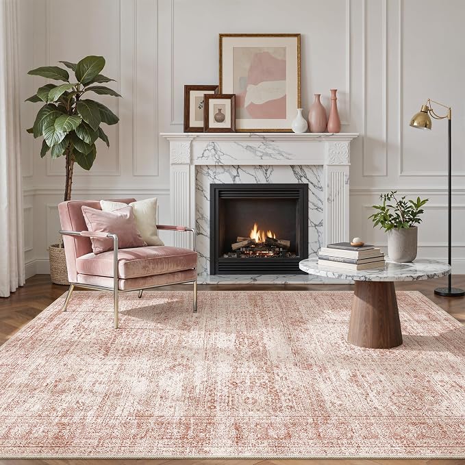 5x7 Area Rugs Pink Low Pile Indoor Washable Trendy Faded Style Rugs - Image 3