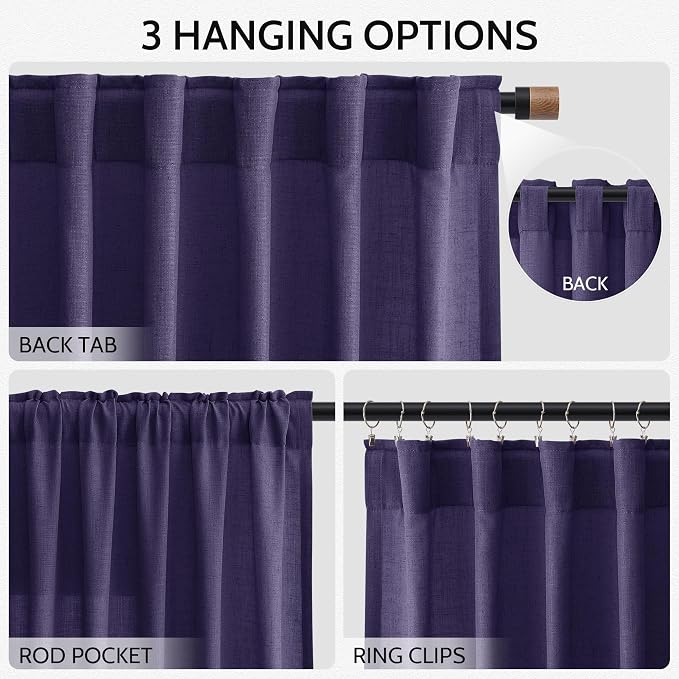 Extra Long Curtain Purple Morden Linen Blend Light Filtering Back Tab Curtains - Image 3