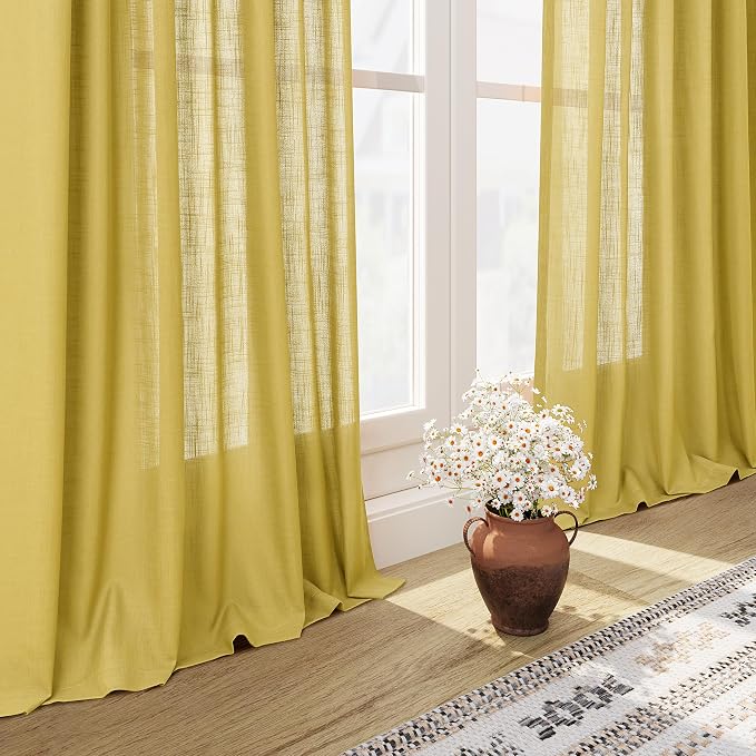 Celery Yellow Linen Curtains 102 Inches Long 2 Panel Set Back Tab Rod Pocket - Image 6