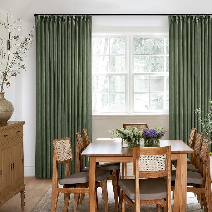 80 Inches Long Olive Green Pinch Pleat Thick Linen Curtains - Image 6
