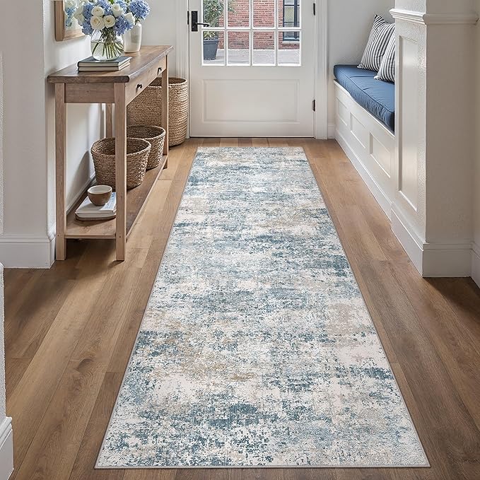 Blue 2x8 Runner Rug Washablel Abstract Hallway Carpet Modern Neutral Non Slip by PureCozy